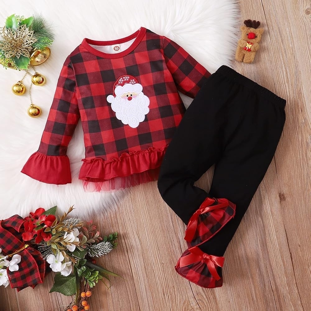 Red Plaid Santa Outfit with Black Leggings - Picture 6 of 7